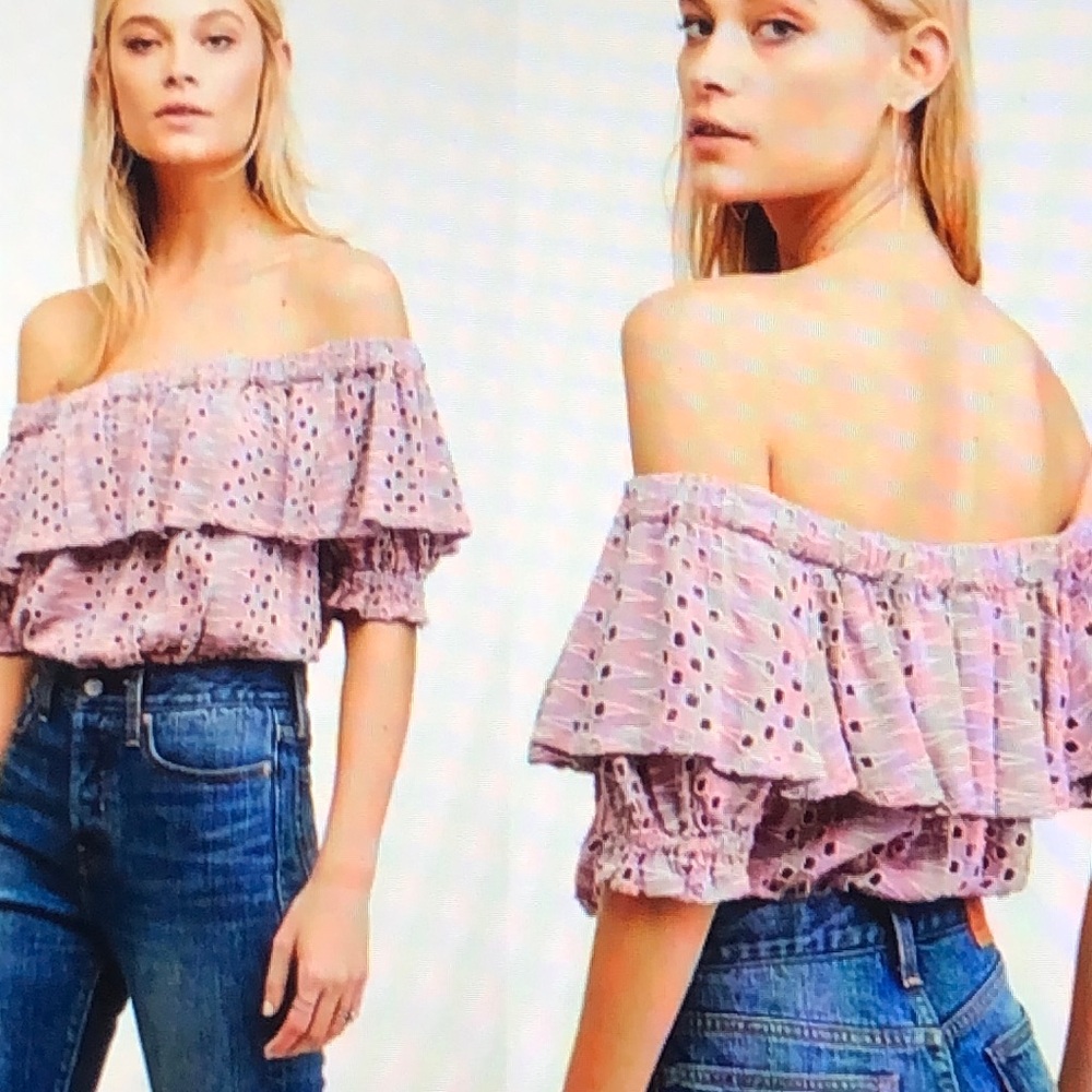 Free People Eyelet Off Shoulder Mauve Ruffle Crop Top S